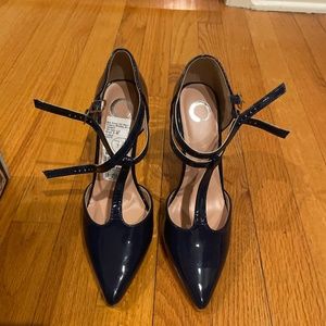 Journey Navy Patent T-Strap Pump